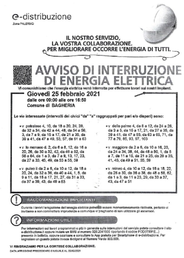 Energia elettrica: Avviso di interruzione per giorno 25 febbraio - Città di  Bagheria